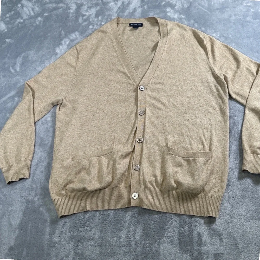 Lands End Tan Cardigan Sweater Men's L Pockets Old‎ Money Grandpacore Academia